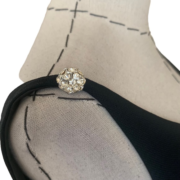 Vintage 60s Black Crepe Dress Cold Shoulder Bishop Sleeve Rhinestone Buttons - Picture 6 of 16